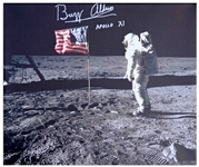 Buzz Aldrin Signed Canvas of the Iconic Apollo 11 Image Showing Aldrin Standing Next to the U.S. Flag -- Measures 24'' x 20''